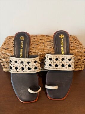 Tory Burch Basket Weave Toe Ring Slides